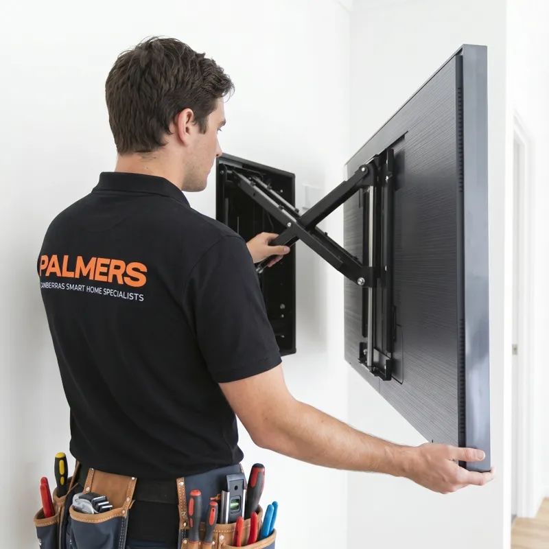 Palmers TV technician mounting TV on wall bracket in Canberra