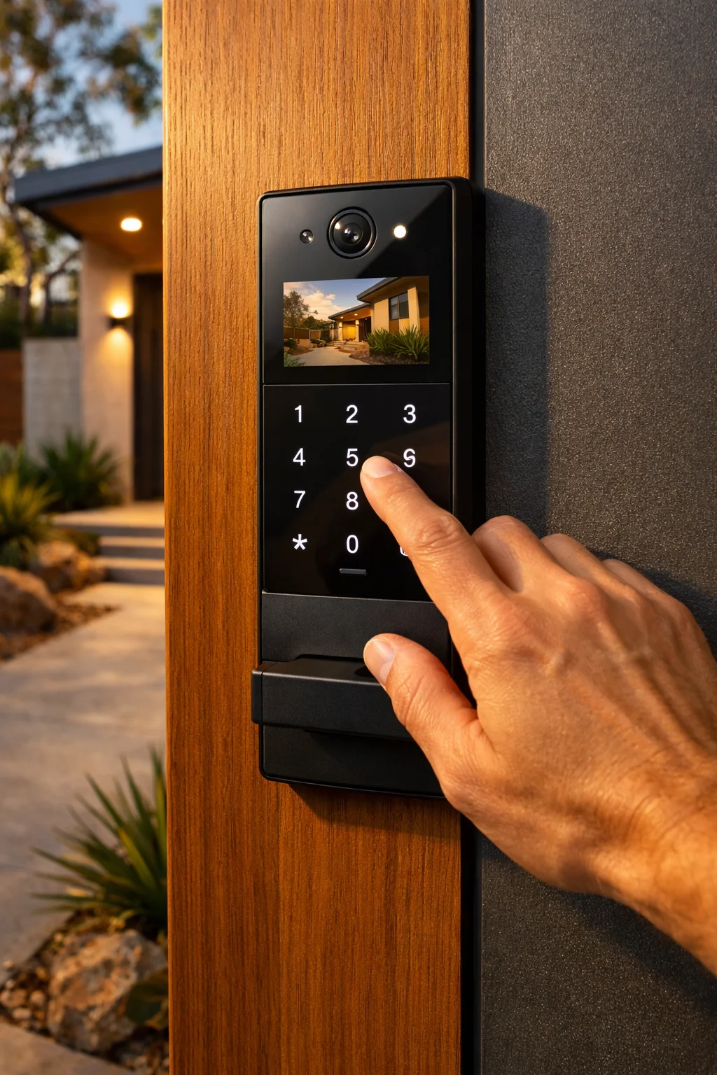 Premium smart door lock with video intercom and keypad on a modern Australian home entrance