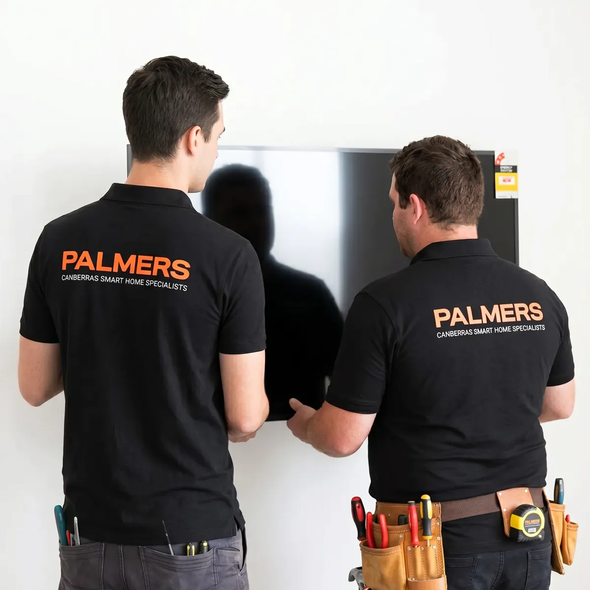 Two Palmers technicians installing a TV cleanly