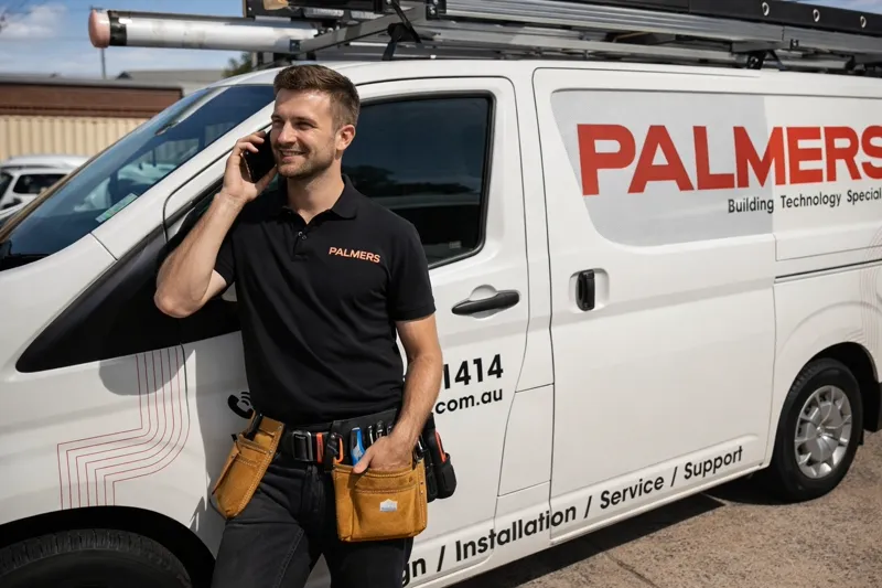 Palmers TV technician with service van ready for antenna installation in Canberra