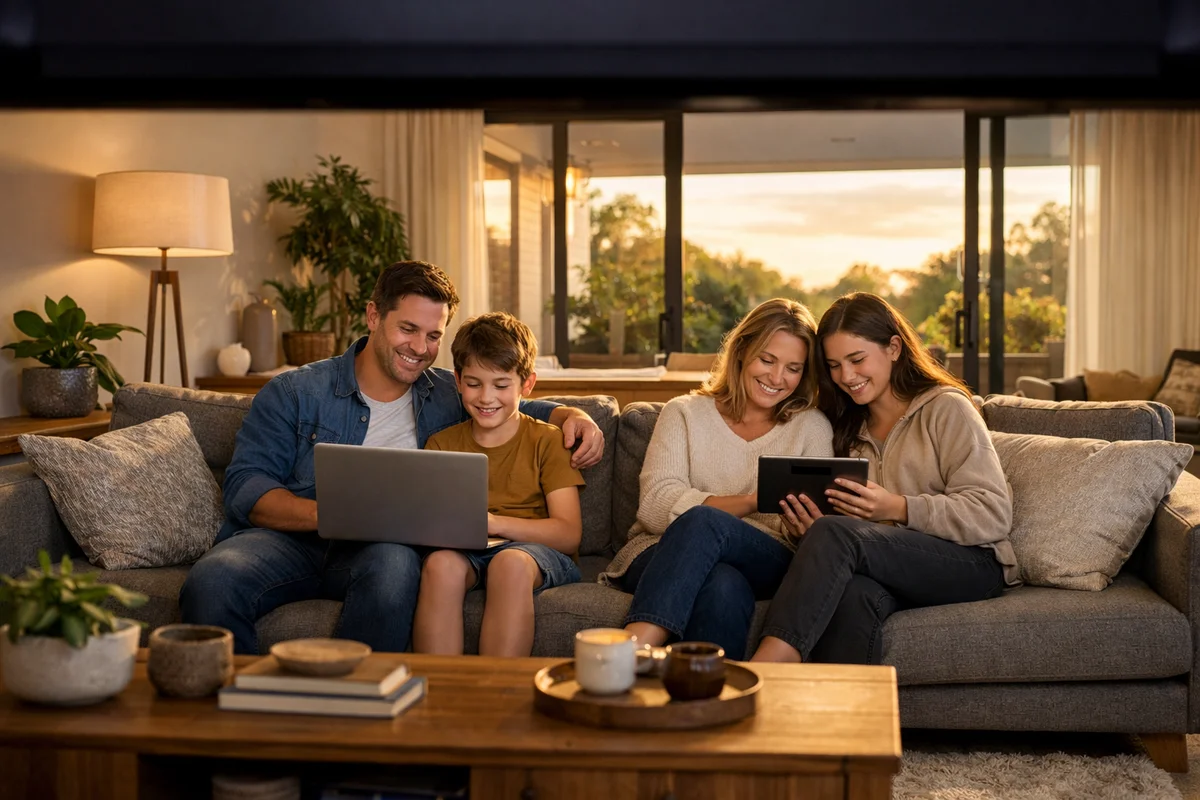 Family using fast home WiFi across multiple devices in a modern Canberra home